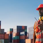 American African engineer using walkie talkie and check up goods at container cargo harbor.